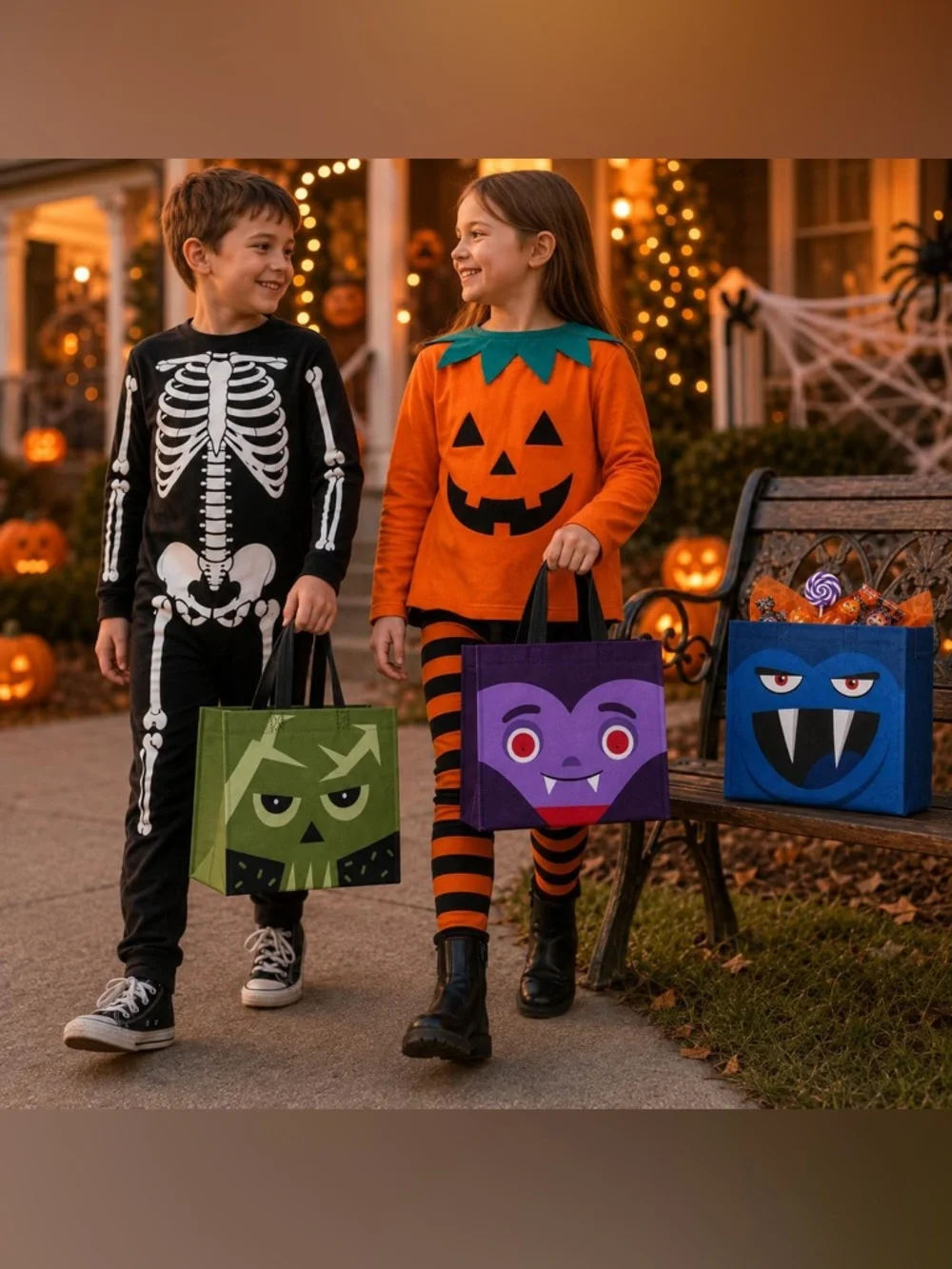 Halloween Kids Trick-or-Treat Tote Bag Set - Assorted Monster Faces- 6 pack